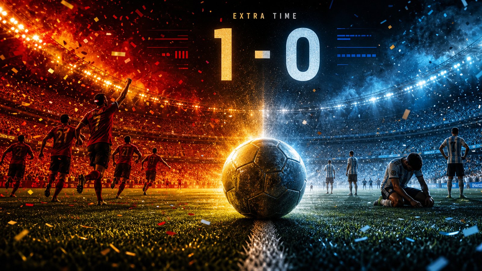Ilustración editorial de España vs Argentina en la final del Mundial 2026