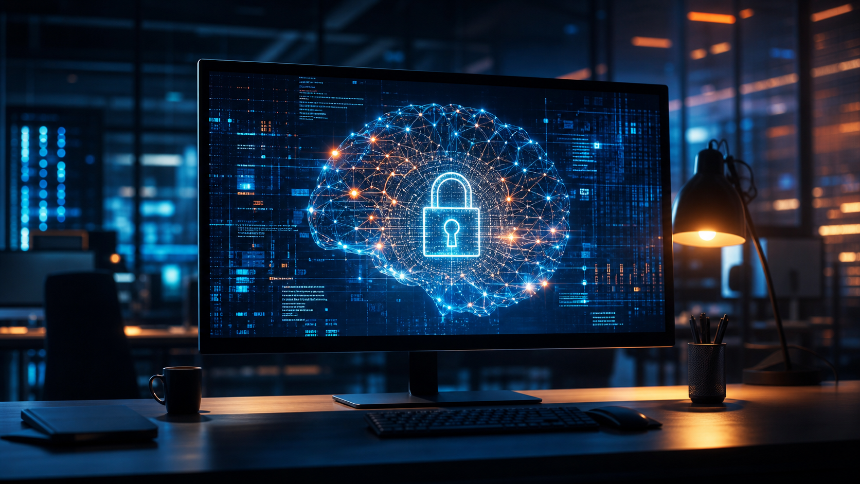 Imagen editorial sobre inteligencia artificial, seguridad digital y Fable 5