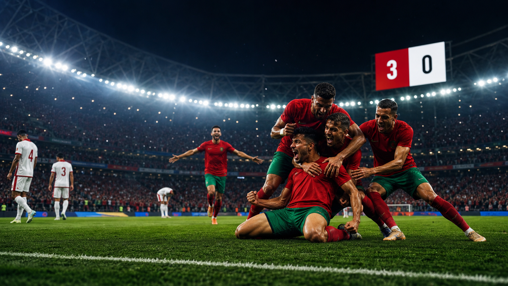 Imagen periodística generada: Marruecos celebra ante Canadá, CAFISHIA MILONGUERA Mundial 2026